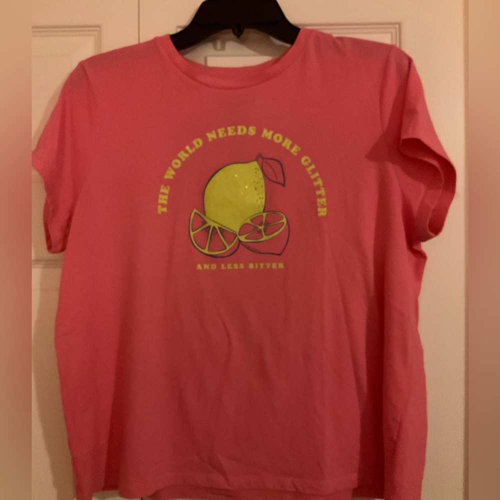 Girls 22.5 Plus Thereabouts By JC Penney Pink glittery Graphic Tee with lemons.